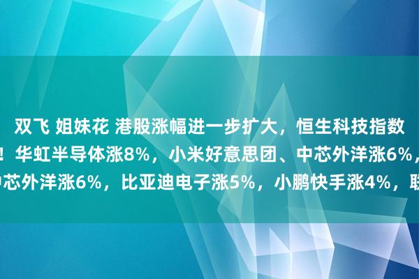 双飞 姐妹花 港股涨幅进一步扩大，恒生科技指数涨超4%，恒指涨近3%！华虹半导体涨8%，小米好意思团、中芯外洋涨6%，比亚迪电子涨5%，小鹏快手涨4%，联思携程涨3%